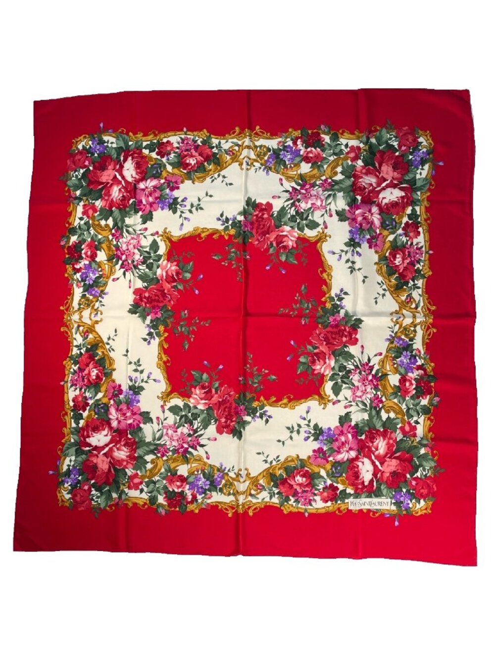 Yves Saint Laurent Silk Scarf Red Floral Baroque Frame Square Vintage YSL - Picture 1 of 15